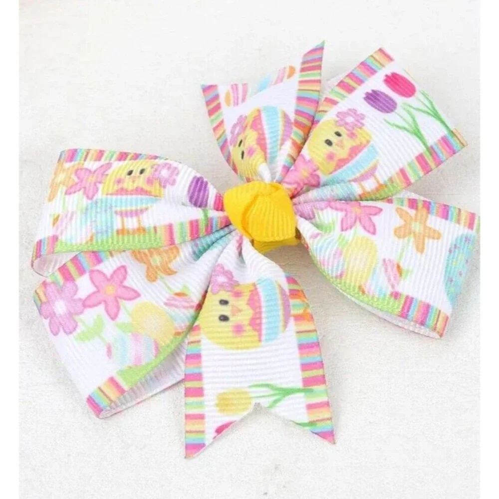 Girl’s PINK White YELLOW Easter HAIR BOW Clip Eggs & Flowers
